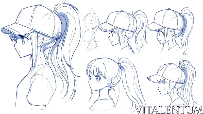 Detailed Sketch of Anime Girl in Baseball Cap from Various Angles AI Image