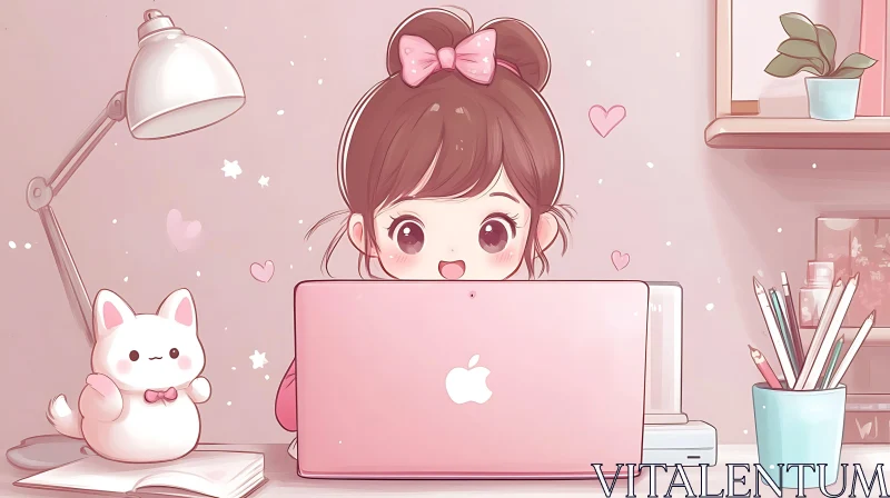 Kawaii Anime Girl Working on Pink Laptop AI Image