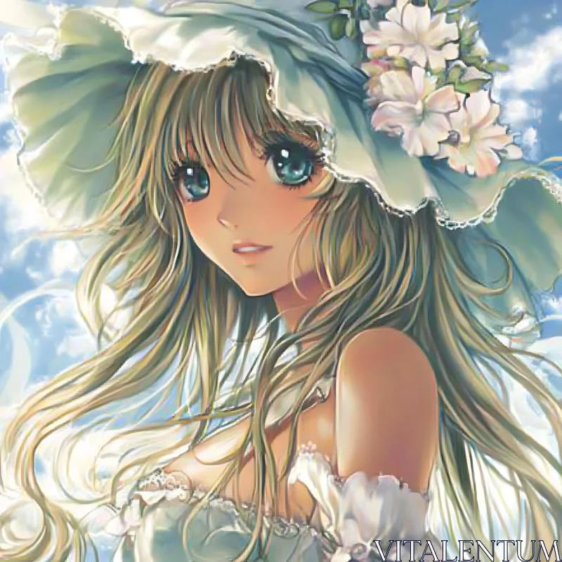 Enchanting Anime Girl with Floral Hat AI Image