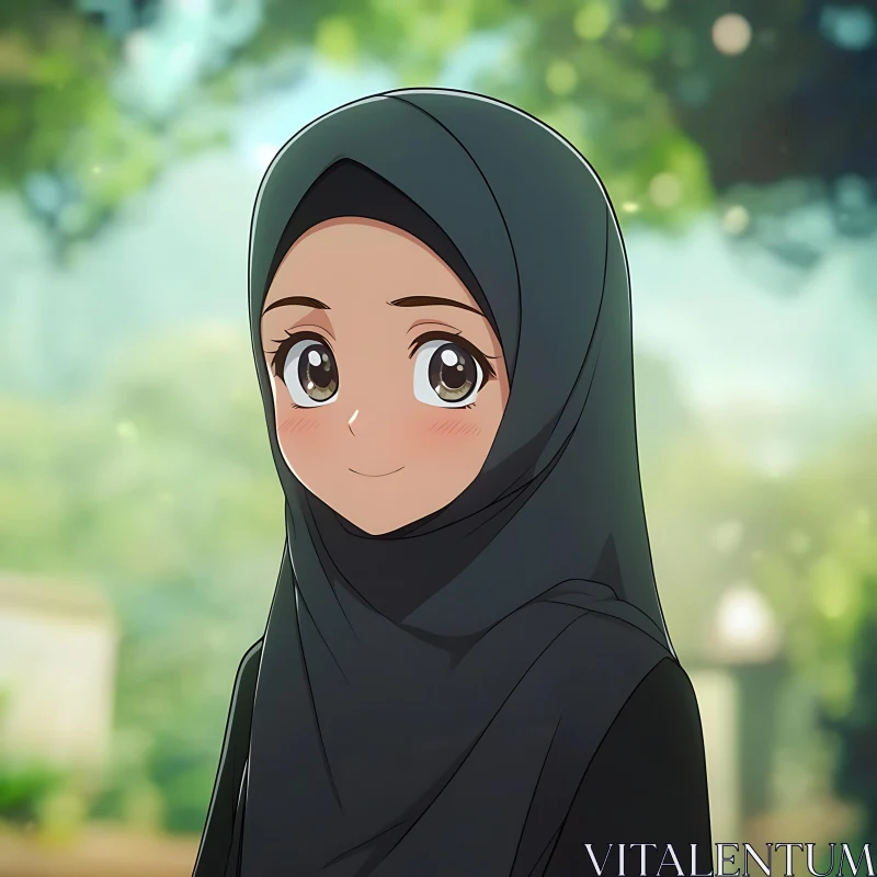 Anime Girl in Hijab in Nature AI Image