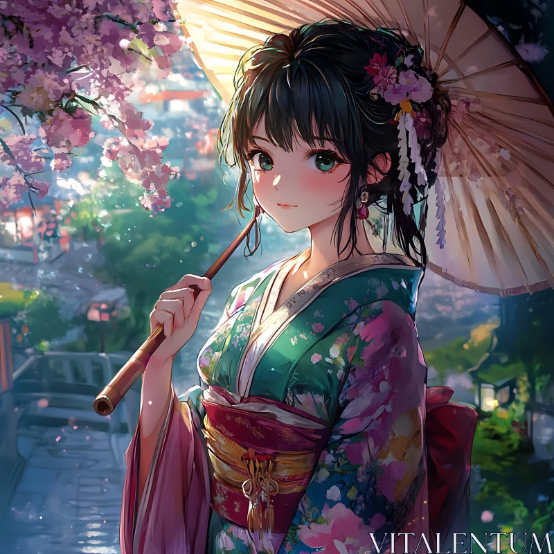 Anime Girl with Umbrella in Serene Garden AI Image