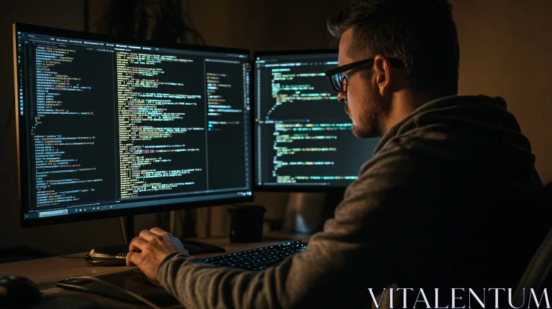 Man Coding on Dual Monitors AI Image