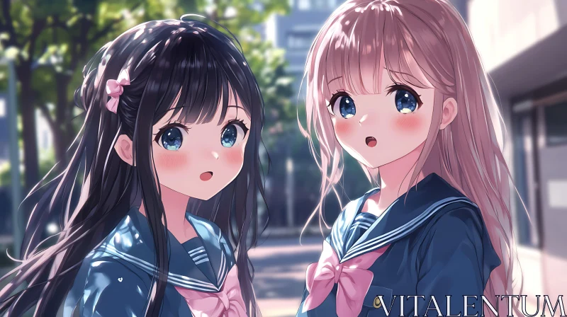 Blue-Eyed Anime Girls in a City Setting AI Image