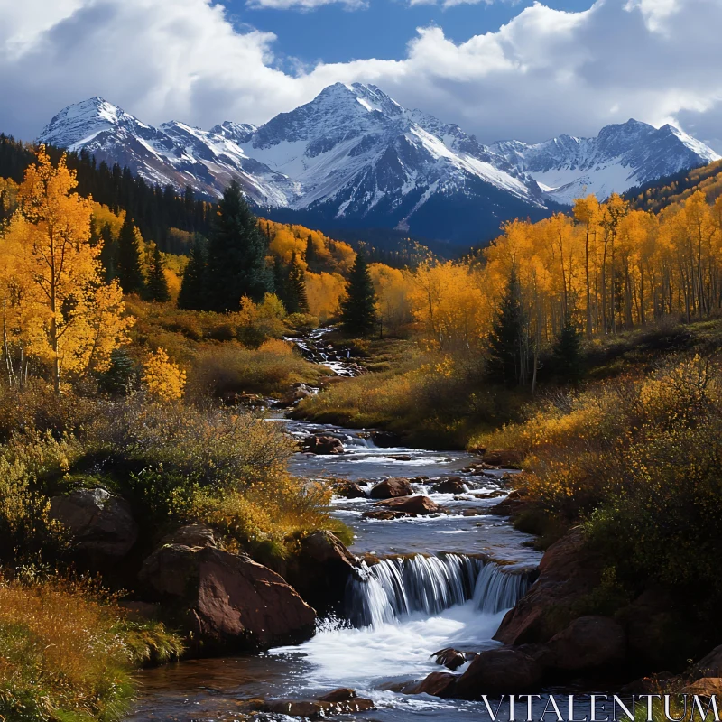 Golden Trees and Snowy Peaks AI Image