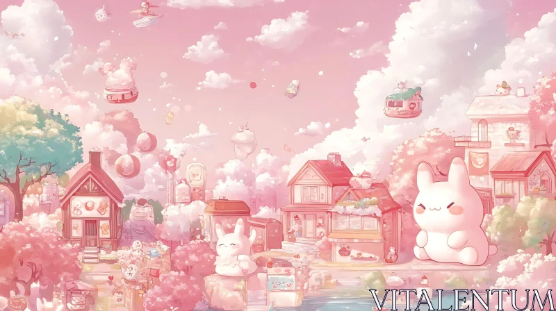 Dreamy Pink Cartoon Village with Floating Houses and Bunnies AI Image