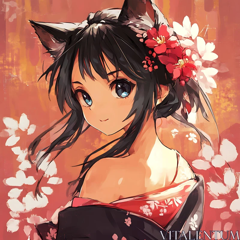 Charming Anime Portrait with Cat Ears and Vibrant Flowers AI Image