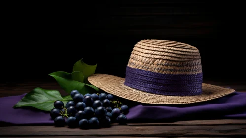Vintage Straw Hat with Grapes on Wooden Table | Dark Violet Aesthetic