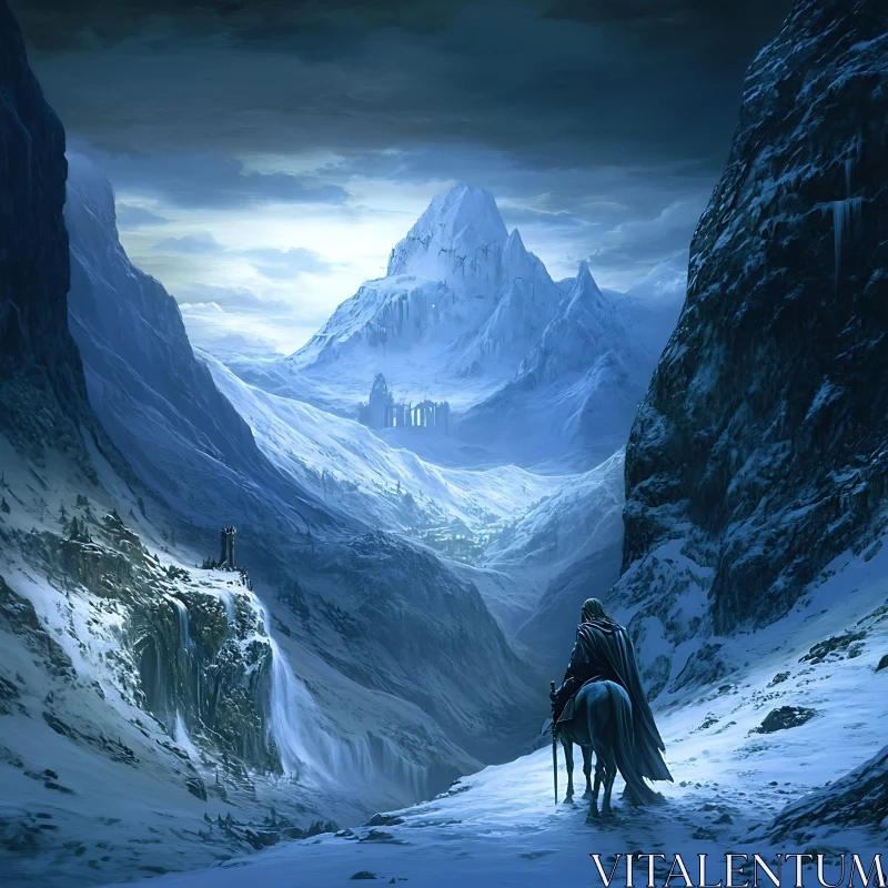 AI ART Snowy Mountain Valley with Horse Rider