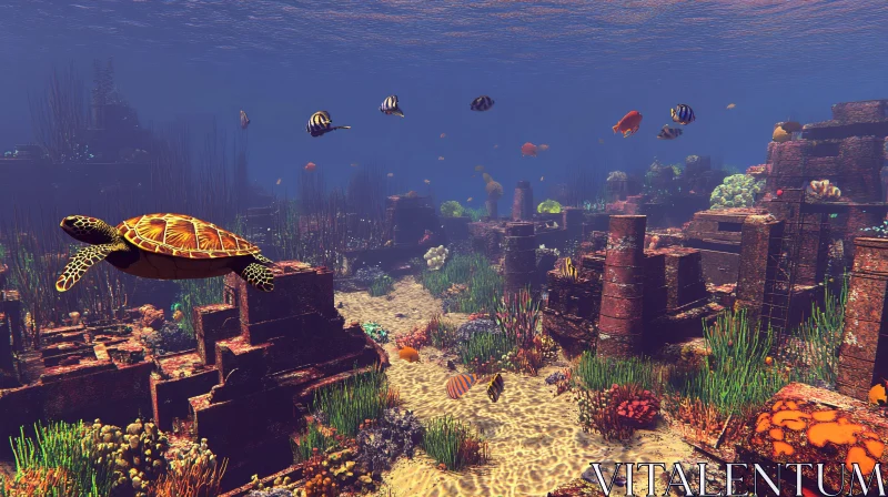 Underwater Ruins with Sea Turtle AI Image