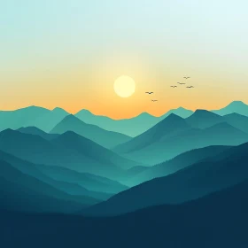 Layered Mountains at Sunset with Birds