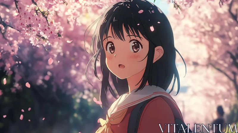 Anime Girl in Springtime Blossom Scene AI Image