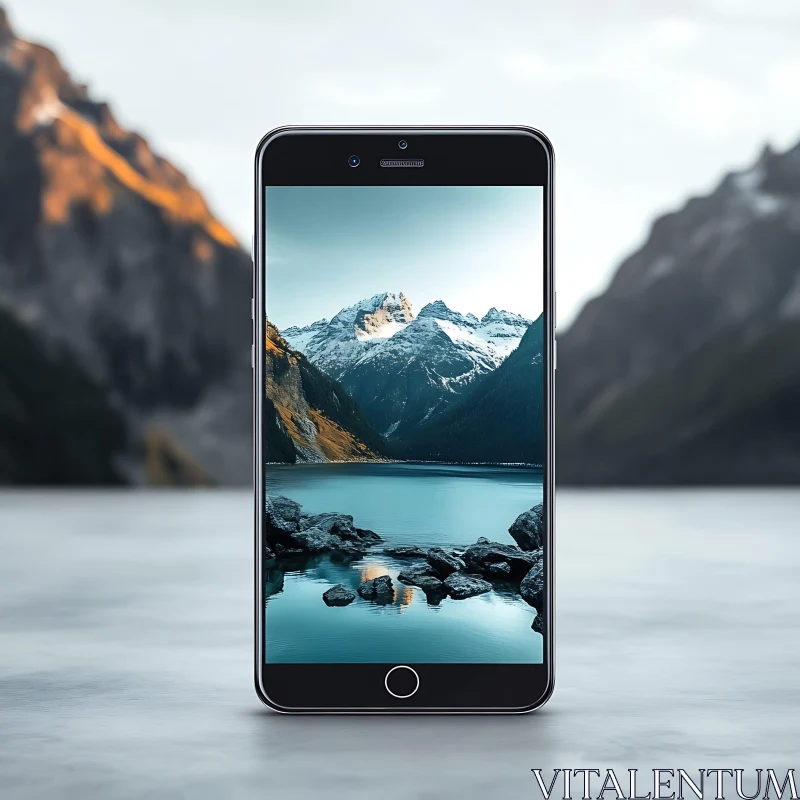 Phone Displaying Mountain Lake Scenery AI Image