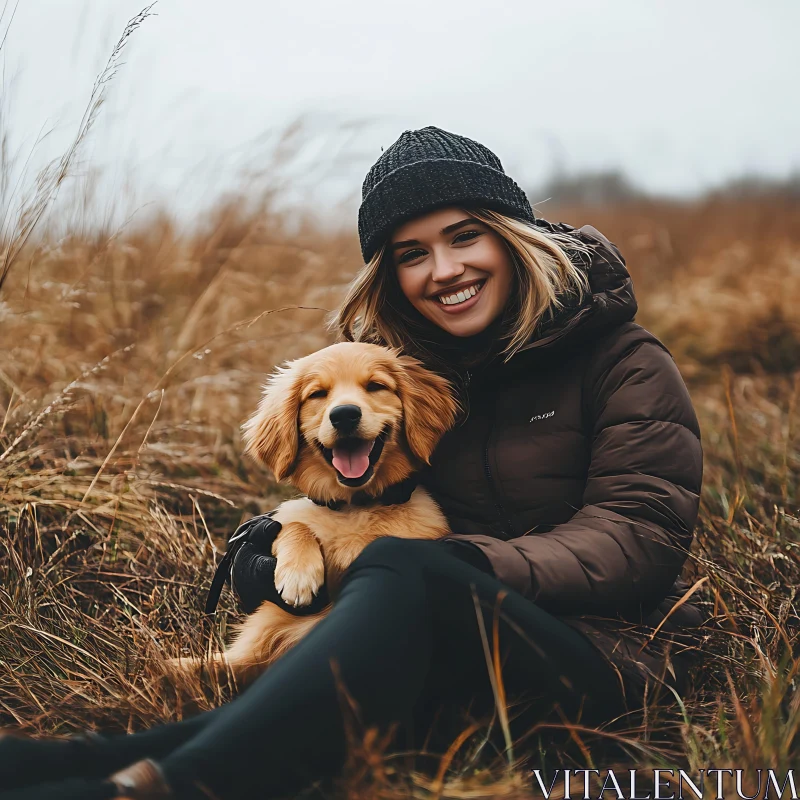 Happy Woman Holding Puppy in Field AI Image