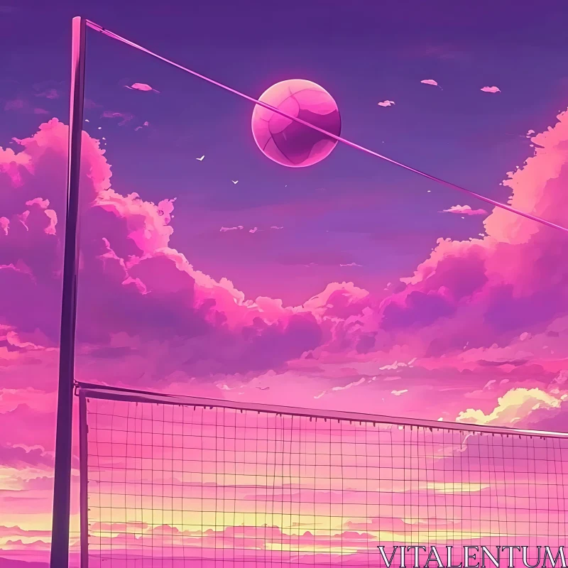 Evening Volleyball Scene with Pink Sky AI Image