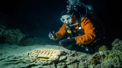 Submerged History: Diver Inspecting Ancient Art