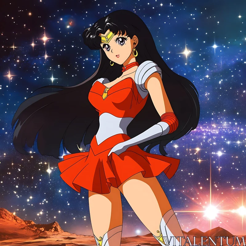 Cosmic Anime Heroine with Black Hair and Red Outfit AI Image