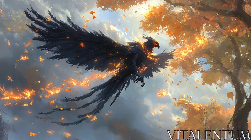 Fiery Phoenix Soaring Through Autumn Sky AI Image