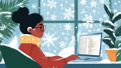 Cozy Winter Work: Woman and Laptop