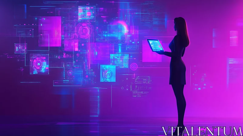 Woman in Neon Tech Environment AI Image