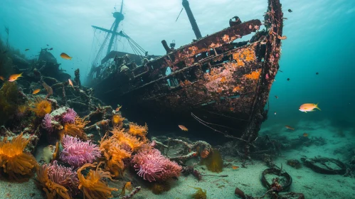 Shipwreck Surrounded by Coral and Fish