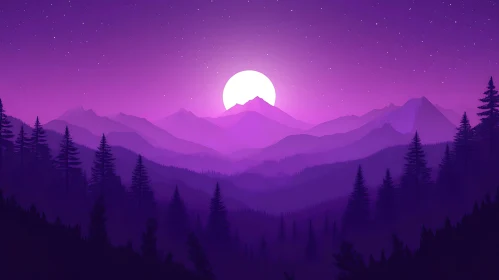 Moonlit Mountain Landscape in Purple Hues