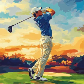 Golfer in Action at Sunset - Artistic Sport Illustration , AI