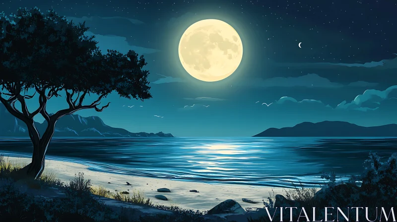 Moonlit Seashore Serenity AI Image