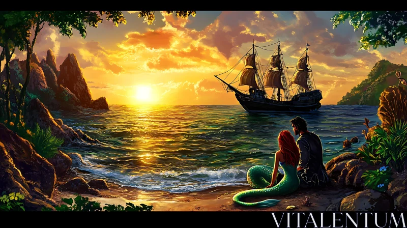 AI ART Coastal Sunset with Mermaid and Ship