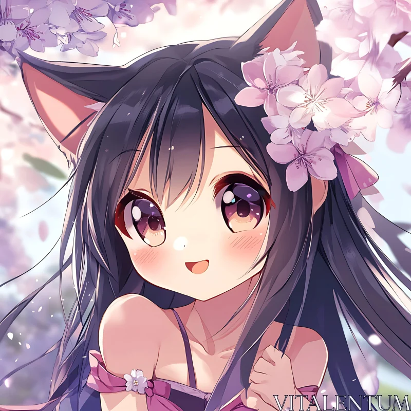 Cute Anime Girl Amid Cherry Blossoms AI Image