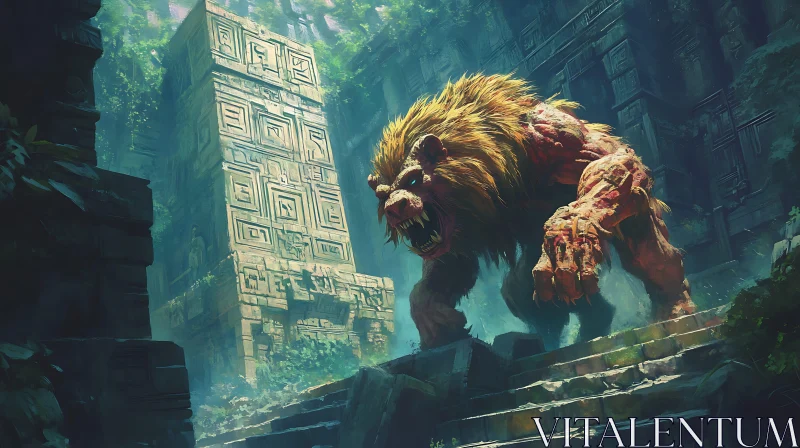 AI ART Monster Lion Guarding Temple Ruins