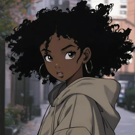 Anime Girl with Curly Hair and Hoodie