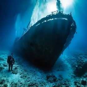Diver at Shipwreck Bottom of the Ocean