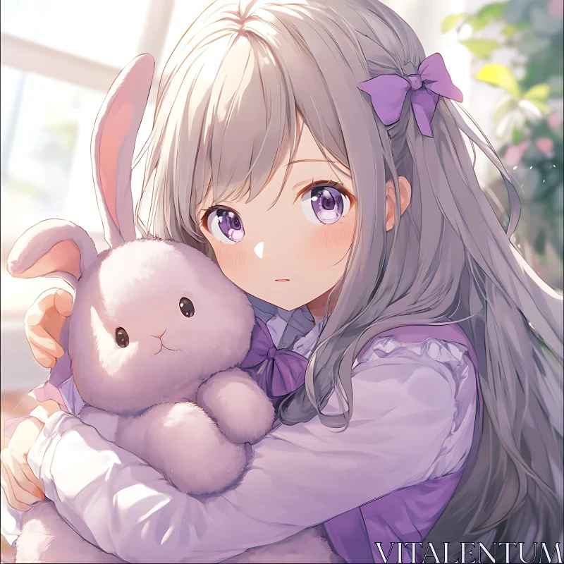 Young Anime Girl with Plush Toy in Bright Room AI Image