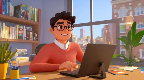 Man Cartoon Character Working on Laptop