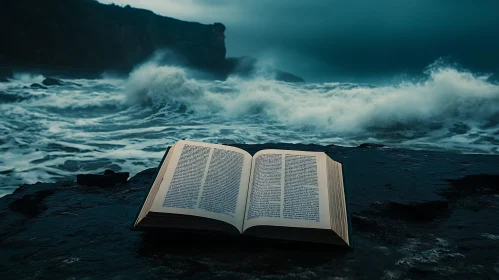 Open Book on Rocky Shoreline with Crashing Waves