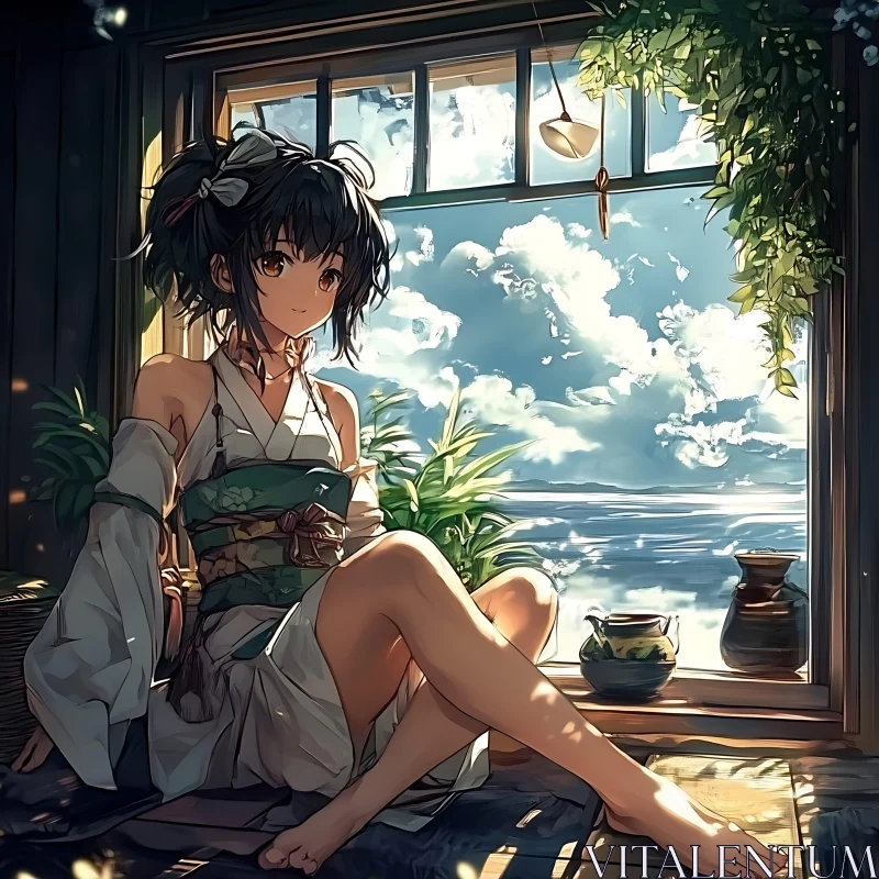 Anime Girl in Traditional Attire by Sea View Window AI Image