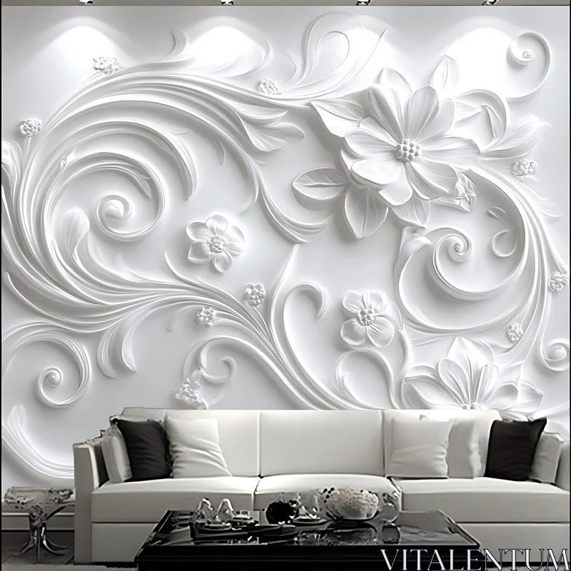 AI ART Intricate White Floral Wall Decor in Modern Living Room