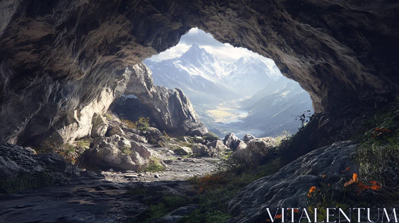 AI ART Scenic Cave Opening Overlooking a Majestic Valley and Mountains