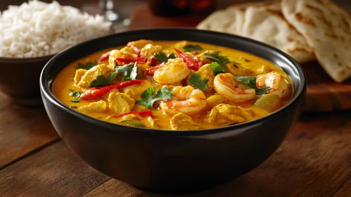 Savory Yellow Curry with Shrimp, Chicken, Rice, and Naan Bread