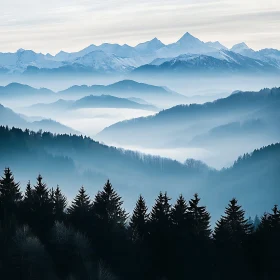 Blue Mountain Layers in Foggy Landscape