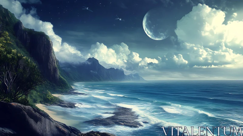 Tranquil Ocean Scene with Cliffs and Moon AI Image