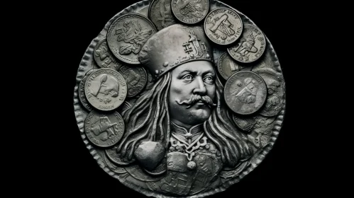 Circular Medallion with King Depiction and Detailed Textures