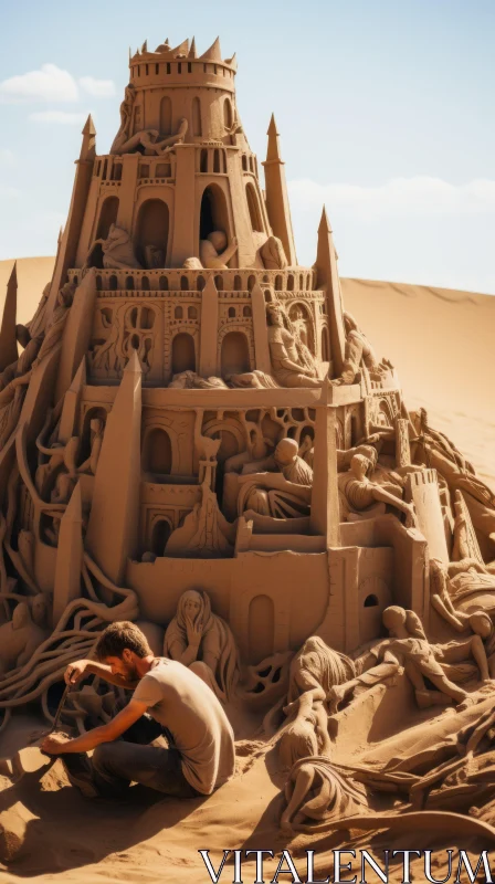 Craftsman Building Majestic Sand Castle in Desert AI Image