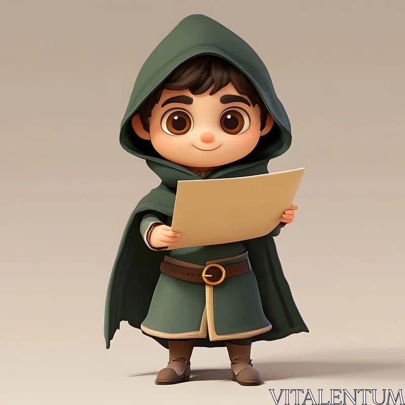 Cartoon Boy in Green Hood Holding Scroll AI Image