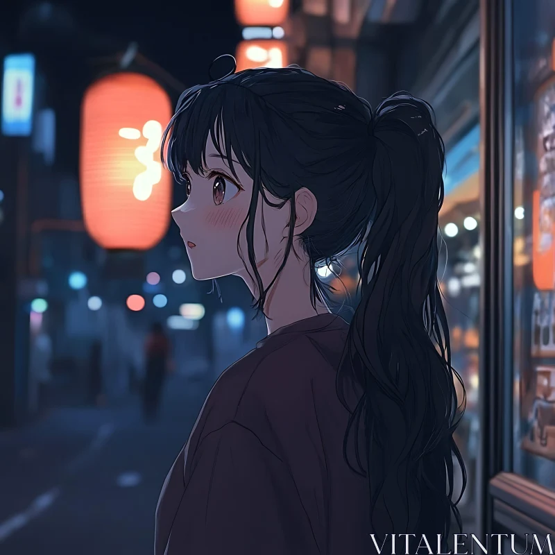 Anime Girl in Neon-Lit Street AI Image