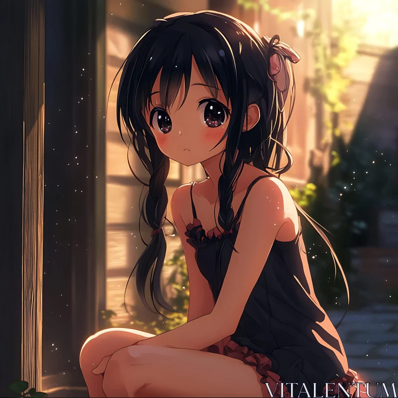 Young Anime Character in Garden at Sunset AI Image