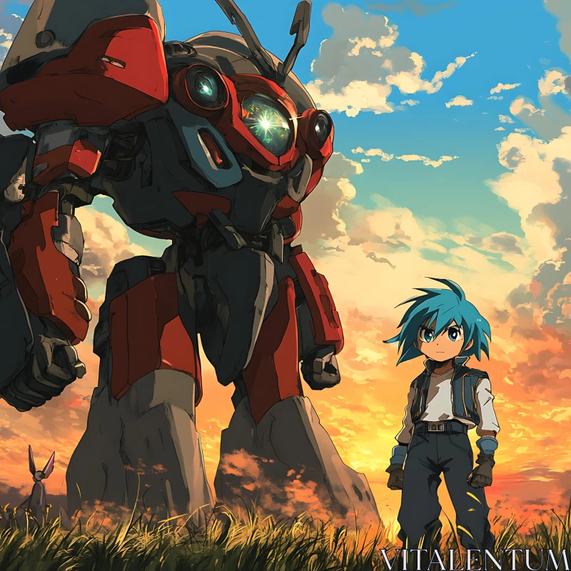 Sunset Anime Scene with Robot and Blue-Haired Character AI Image