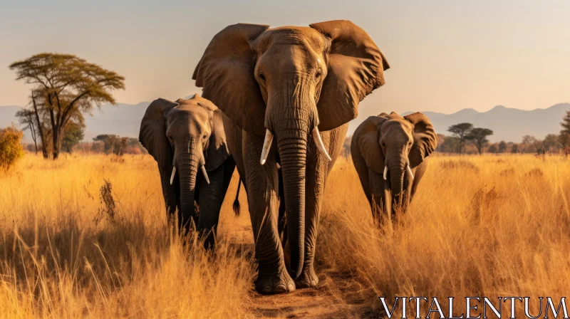 Golden Light Elephants: A Journey Through the Field AI Image