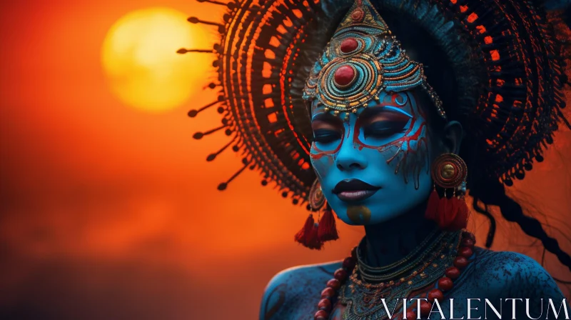 Indian Woman in Traditional Attire with Blue Face Paint at Sunset AI Image
