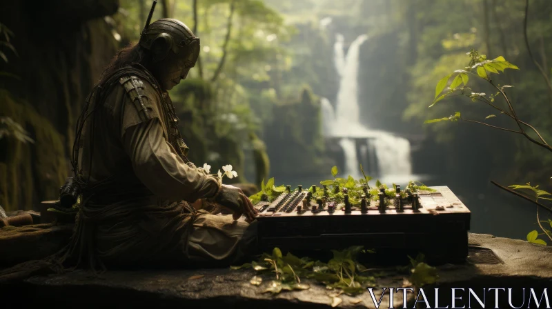 Man Playing Keyboard in Lush Jungle at Sunset AI Image